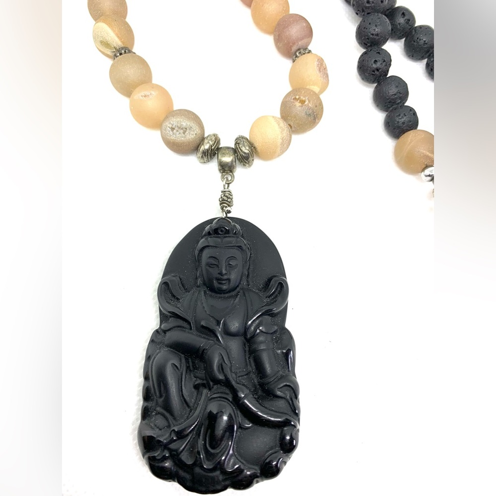 One of a Kind Handmade Druzy, Lava Bead Buddha Pendant Necklace